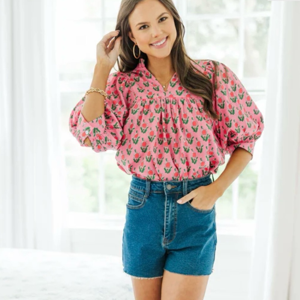 entro Pink Floral Print V-Neck Puff Sleeve Blouse - Picture 2 of 7